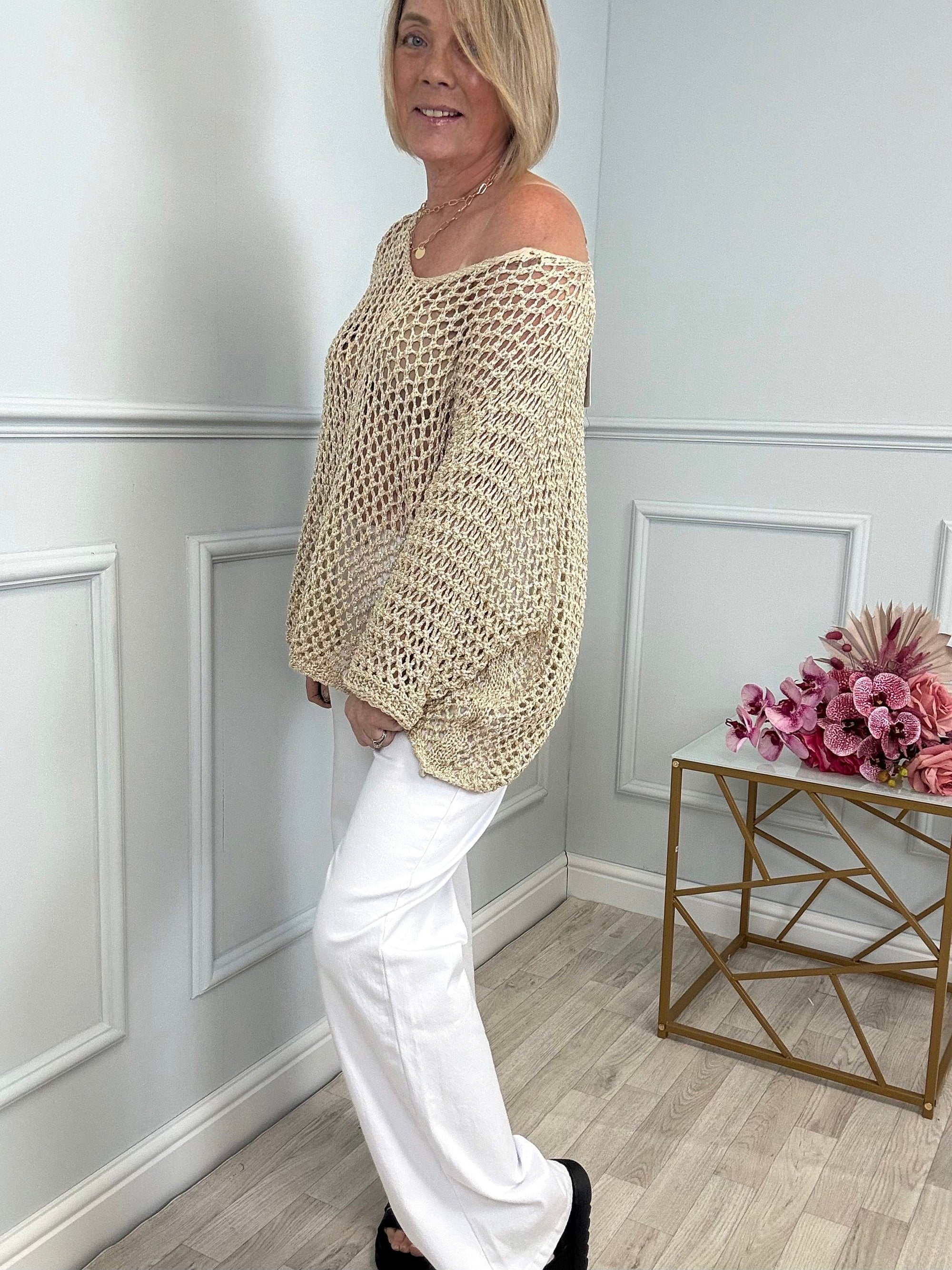 Naya Open-Knit Crochet Sweater 10-20 V neck