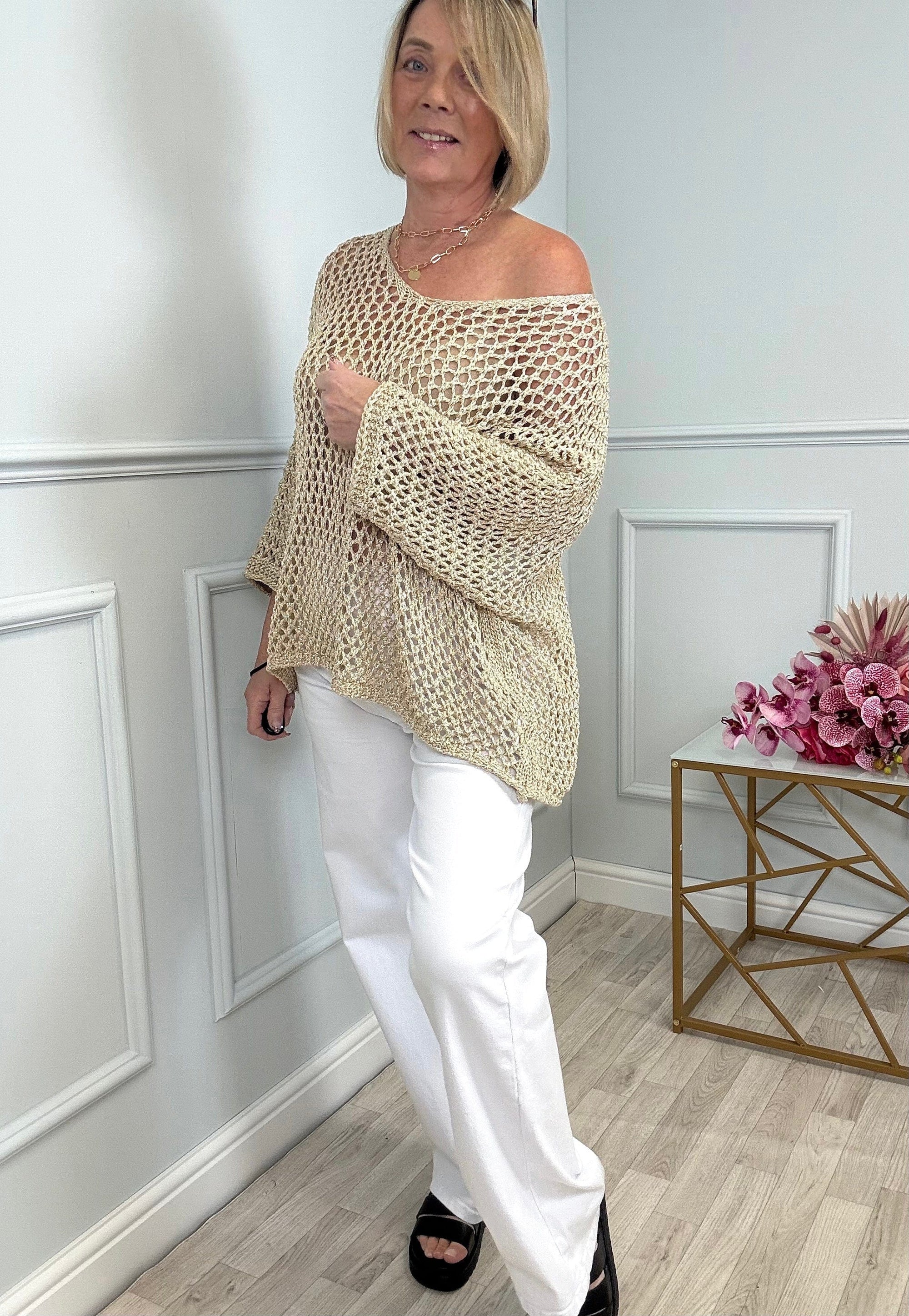 Naya Open-Knit Crochet Sweater 10-20 V neck