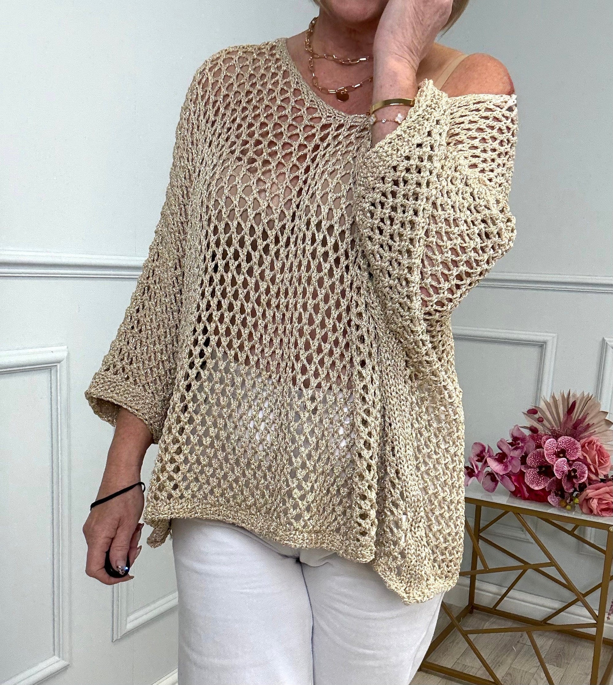 Naya Open-Knit Crochet Sweater 10-20 V neck