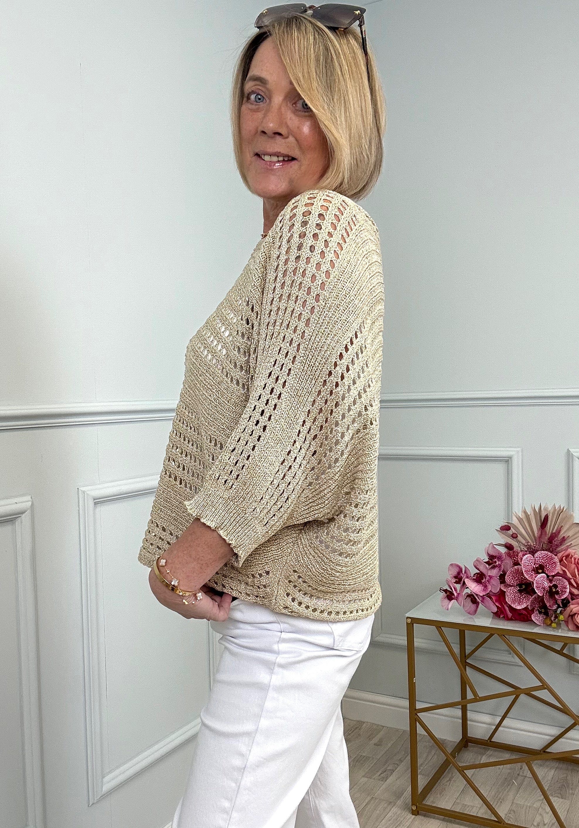 Athena Open-Knit Jumper – Gold Lurex, Relaxed Fit One Size 10-18