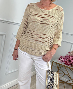 Athena Open-Knit Jumper – Gold Lurex, Relaxed Fit One Size 10-18