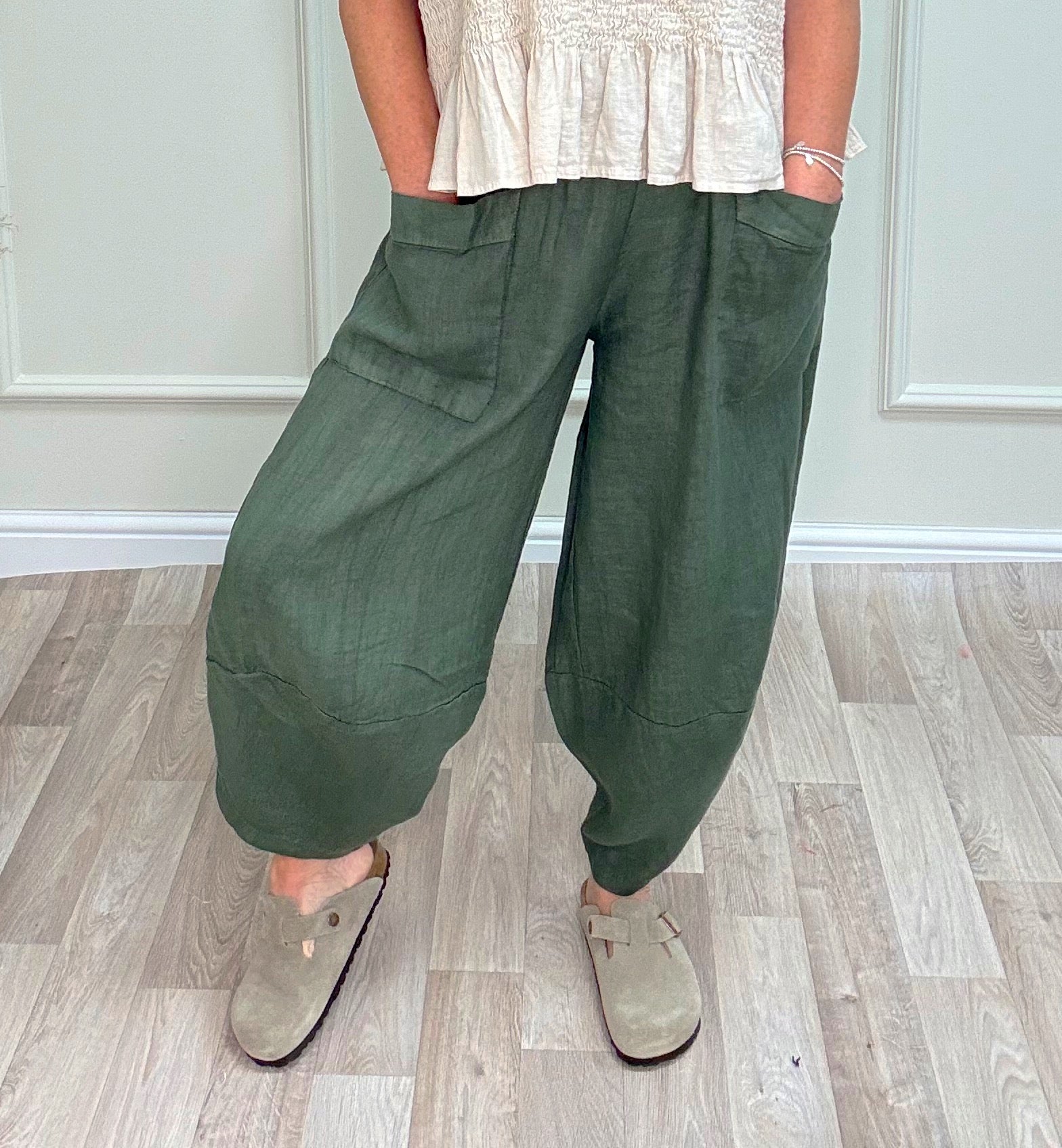 Larisa Quirky Linen Barrel Cocoon Pants 8-14 Khaki