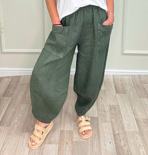 Larisa Quirky Linen Barrel Cocoon Pants 8-14 Khaki