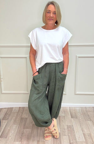 Larisa Quirky Linen Barrel Cocoon Pants 8-14 Khaki