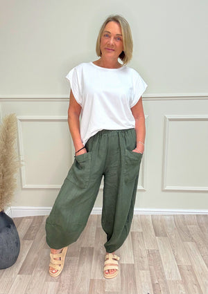 Larisa Quirky Linen Barrel Cocoon Pants 8-14 Khaki