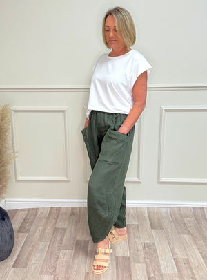 Larisa Quirky Linen Barrel Cocoon Pants 8-14 Khaki