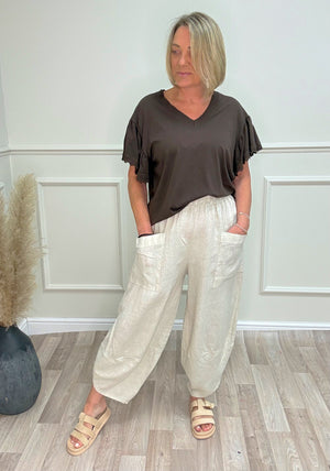 Larisa Quirky Linen Barrel Cocoon Pants 8-14 Sand