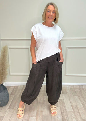 Larisa Quirky Linen Barrel Cocoon Pants 8-14 Chocolate