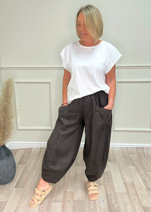 Larisa Quirky Linen Barrel Cocoon Pants 8-14 Chocolate