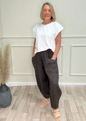 Larisa Quirky Linen Barrel Cocoon Pants 8-14 Chocolate
