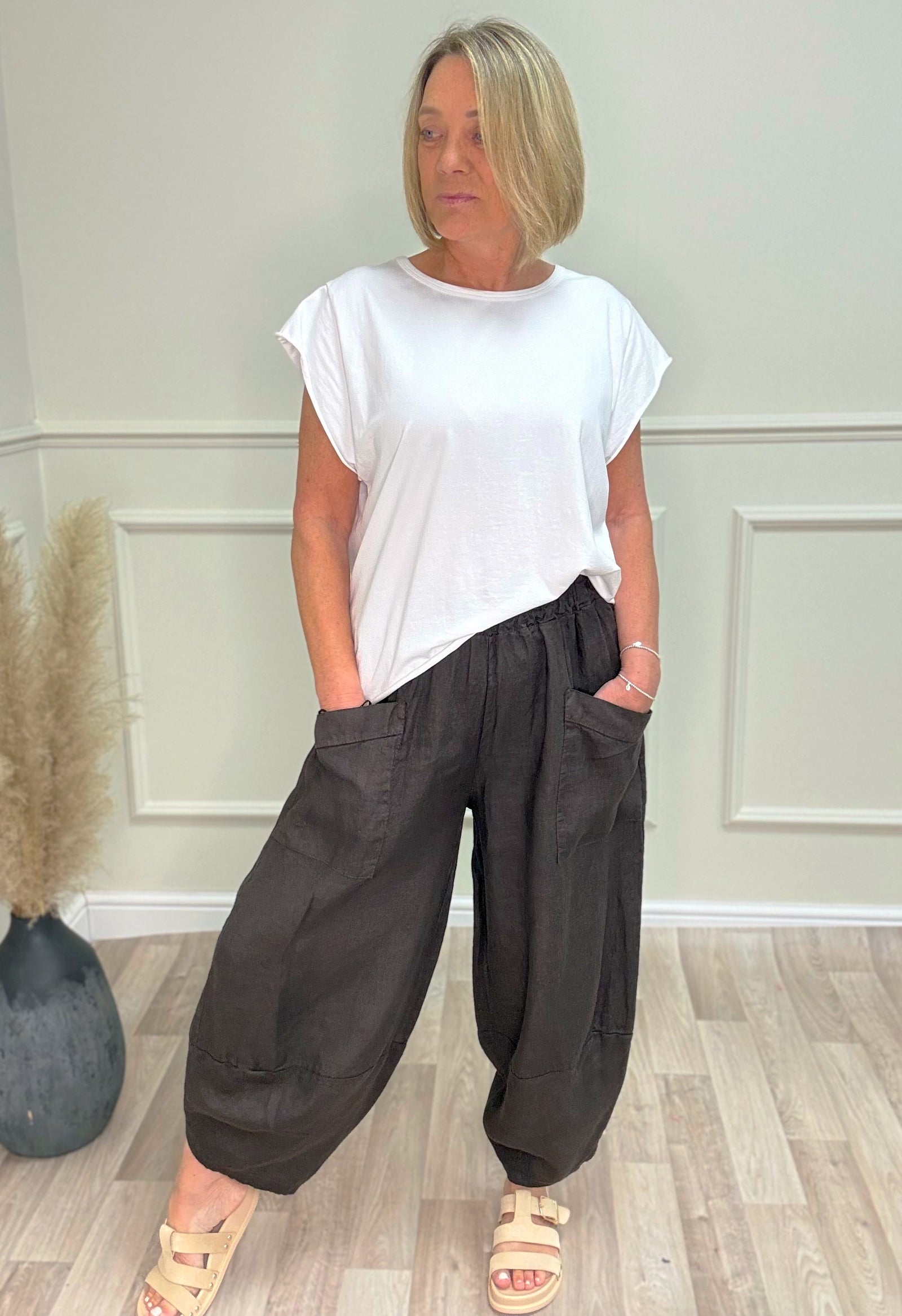 Larisa Quirky Linen Barrel Cocoon Pants 8-14 Chocolate