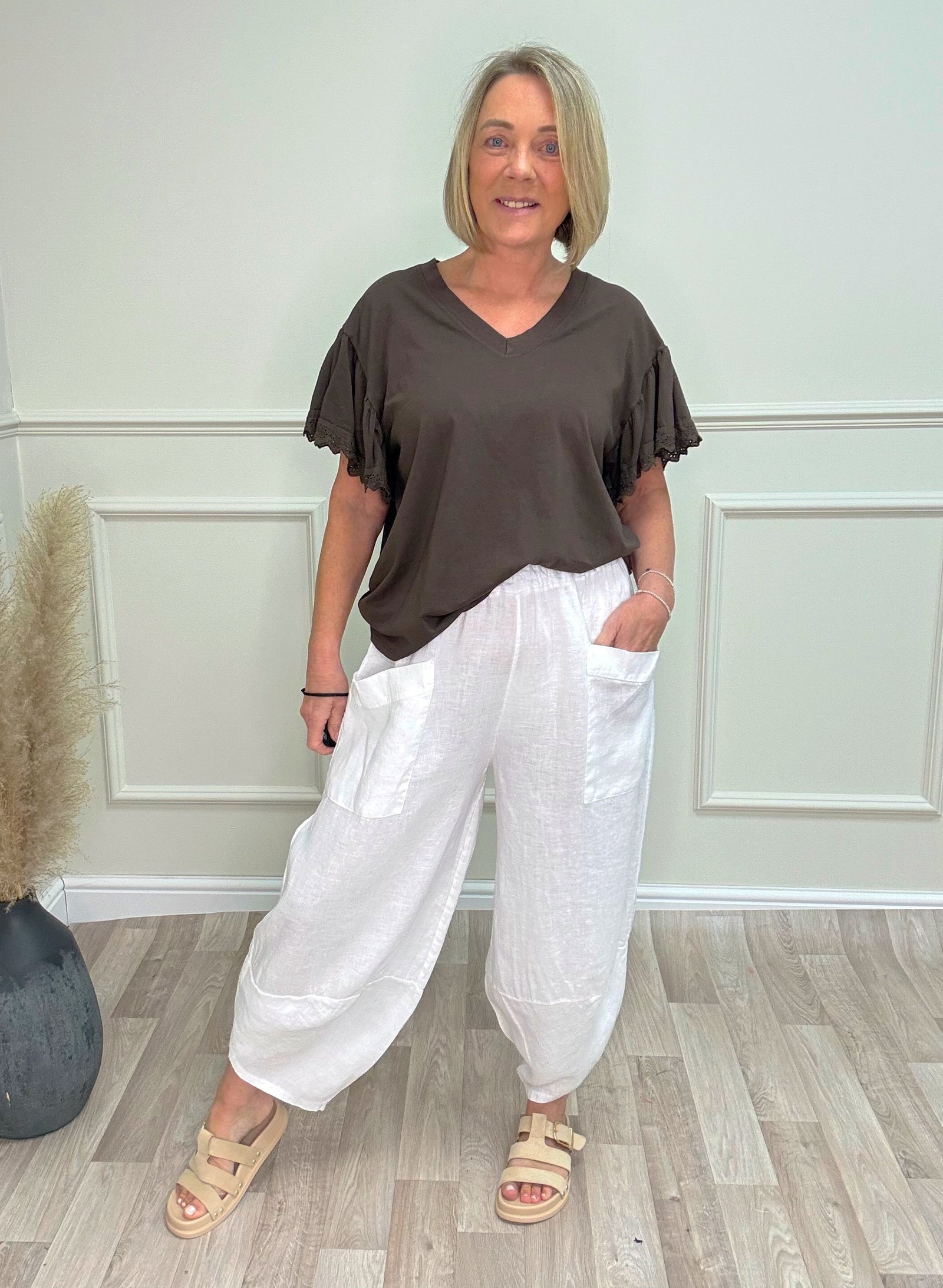 Larisa Quirky Linen Barrel Cocoon Pants 8-14 White