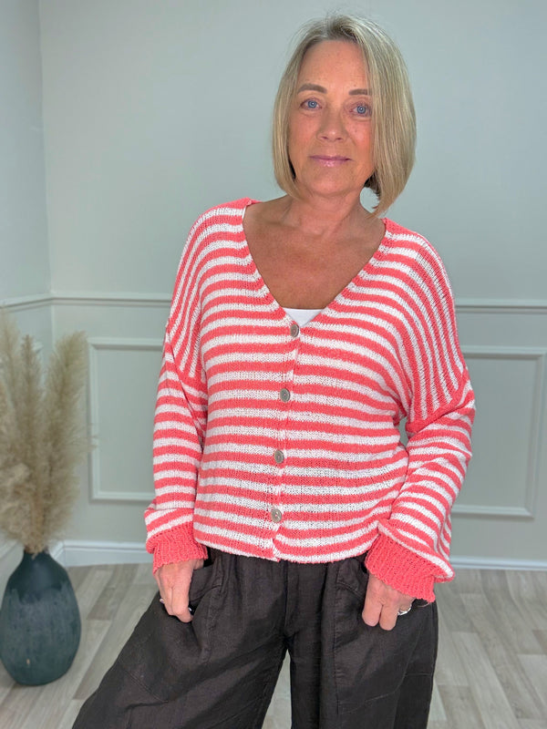 Teresa Lightweight Stripe Cardigan Coral/White