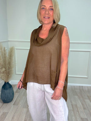 Amara Cowl Neck Cotton Top – Chocolate