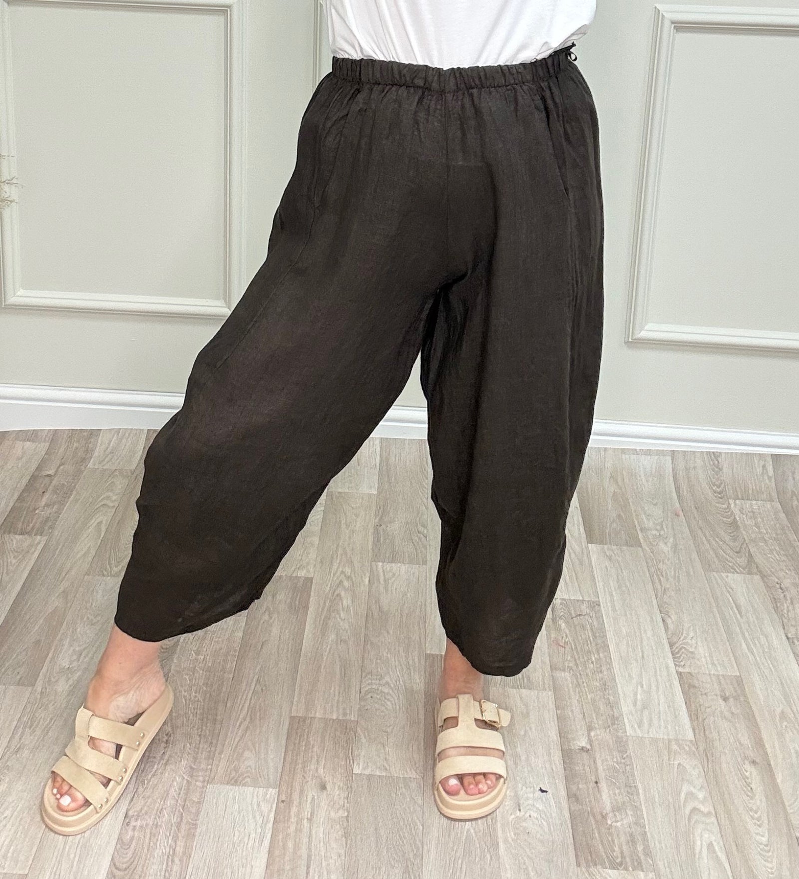 Georgia Linen Barrel Cocoon Trousers / Joggers – Sizes 8–16 Chocolate