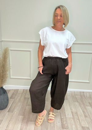 Georgia Linen Barrel Cocoon Trousers / Joggers – Sizes 8–16 Chocolate