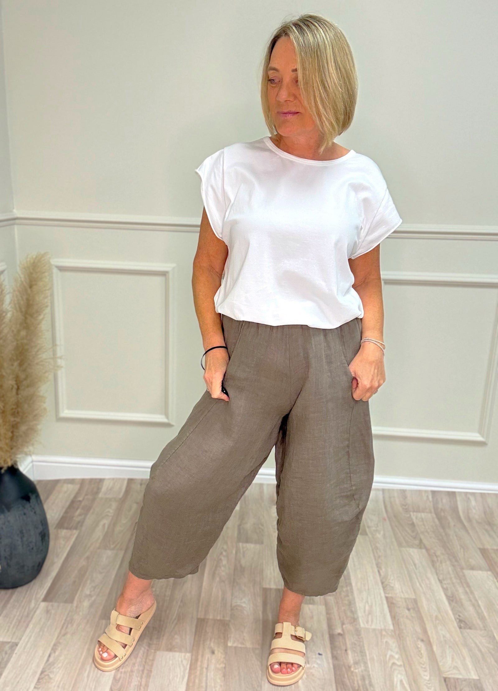 Georgia Linen Barrel Cocoon Trousers / Joggers – Sizes 8–16 Mocha