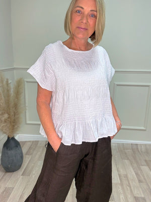 Freya Crinkle Frill Hem Linen Top – White