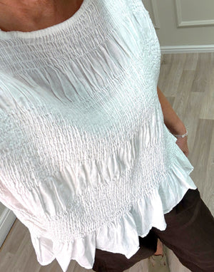 Freya Crinkle Frill Hem Linen Top – White