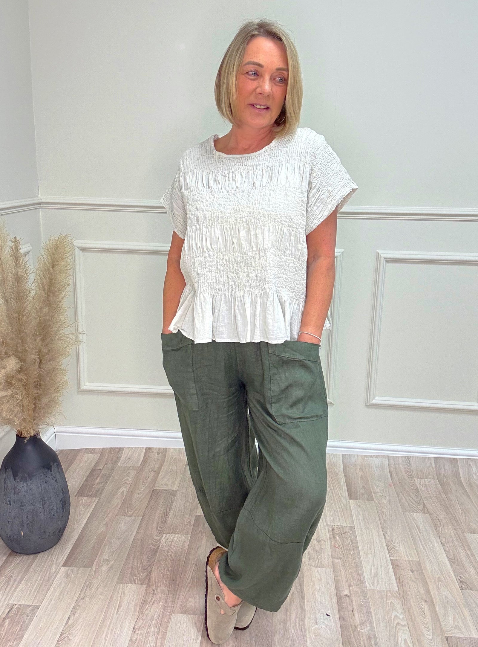 Freya Crinkle Frill Hem Linen Top – Beige