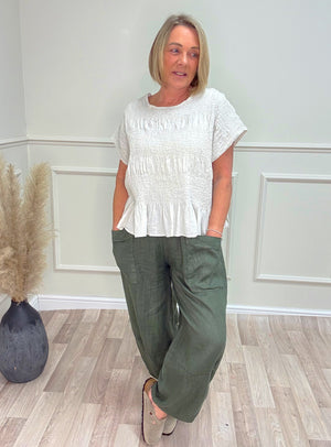 Freya Crinkle Frill Hem Linen Top – Beige