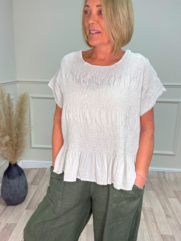 Freya Crinkle Frill Hem Linen Top – Beige