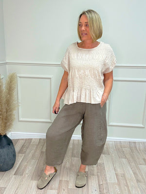 Freya Crinkle Frill Hem Linen Top – Sand