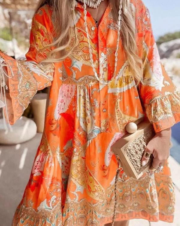 Leah Paisley Print Boho Tunic Dress Size 10–18 Orange