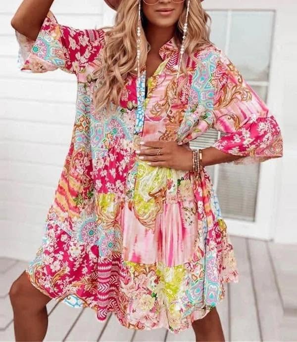 Leah Paisley Print Boho Tunic Dress Size 10–18 Pink