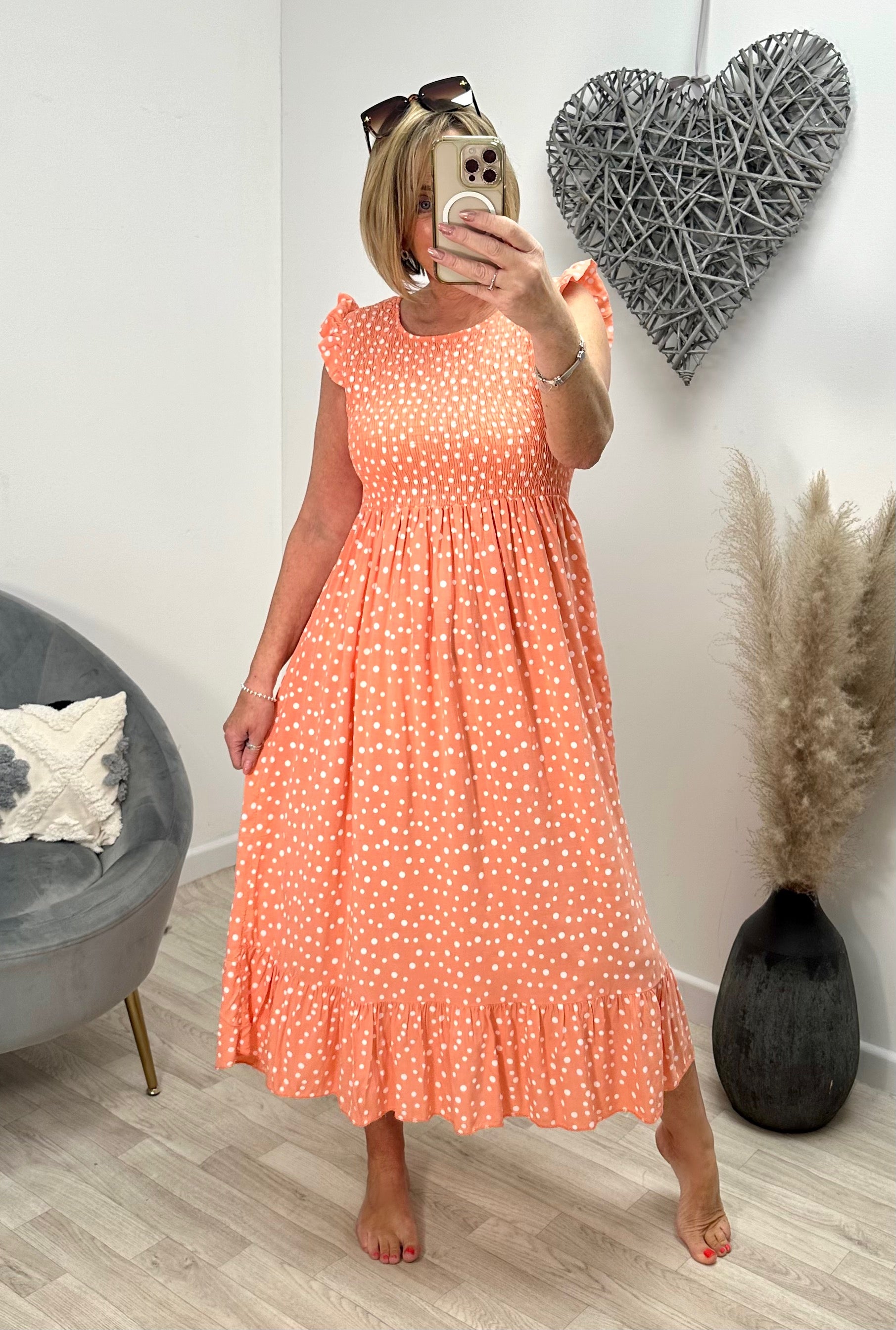 Irina Polka Dot Midi Dress 8-16 Peach - Susie's Boutique