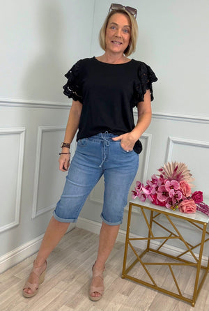 Poppy Broderie Flutter Sleeve Cotton Tee 8-16 Liquorice Sorbet