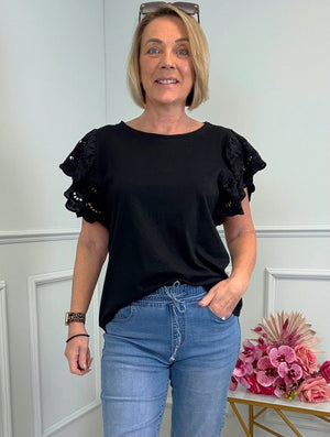 Poppy Broderie Flutter Sleeve Cotton Tee 8-16 Liquorice Sorbet
