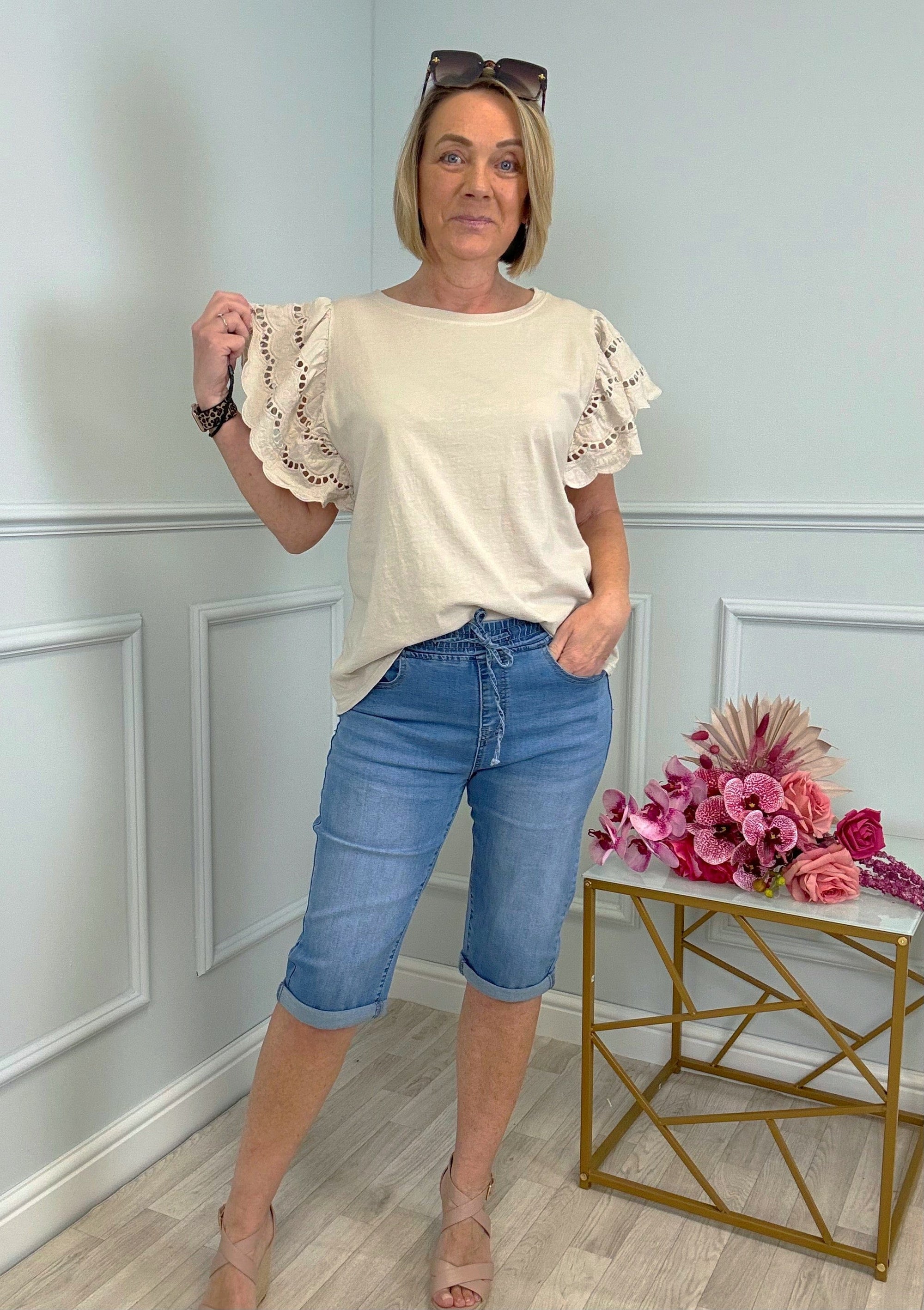 Poppy Broderie Flutter Sleeve Cotton Tee 8-16 Oat Sorbet