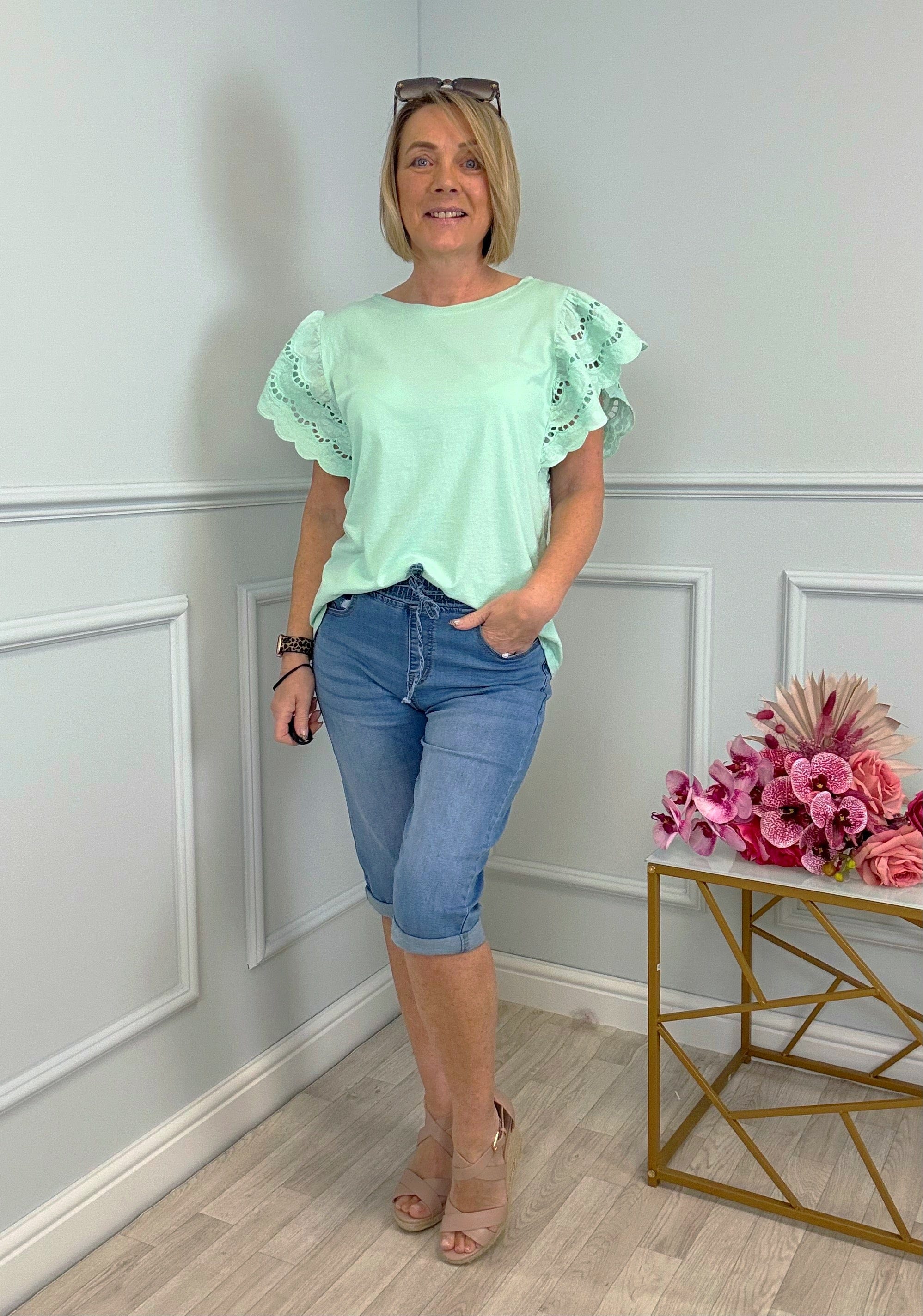 Poppy Broderie Flutter Sleeve Cotton Tee 8-16 Mint Sorbet