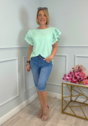 Poppy Broderie Flutter Sleeve Cotton Tee 8-16 Mint Sorbet
