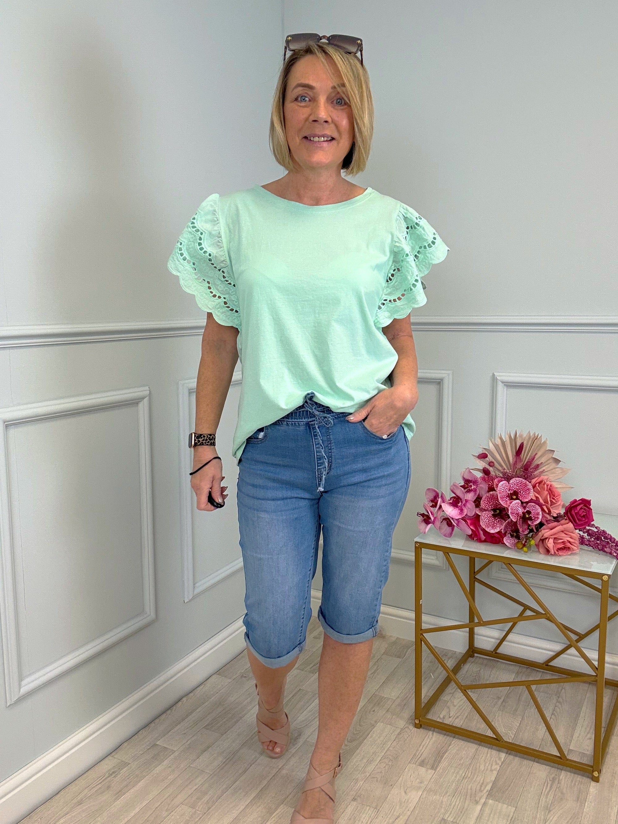 Poppy Broderie Flutter Sleeve Cotton Tee 8-16 Mint Sorbet