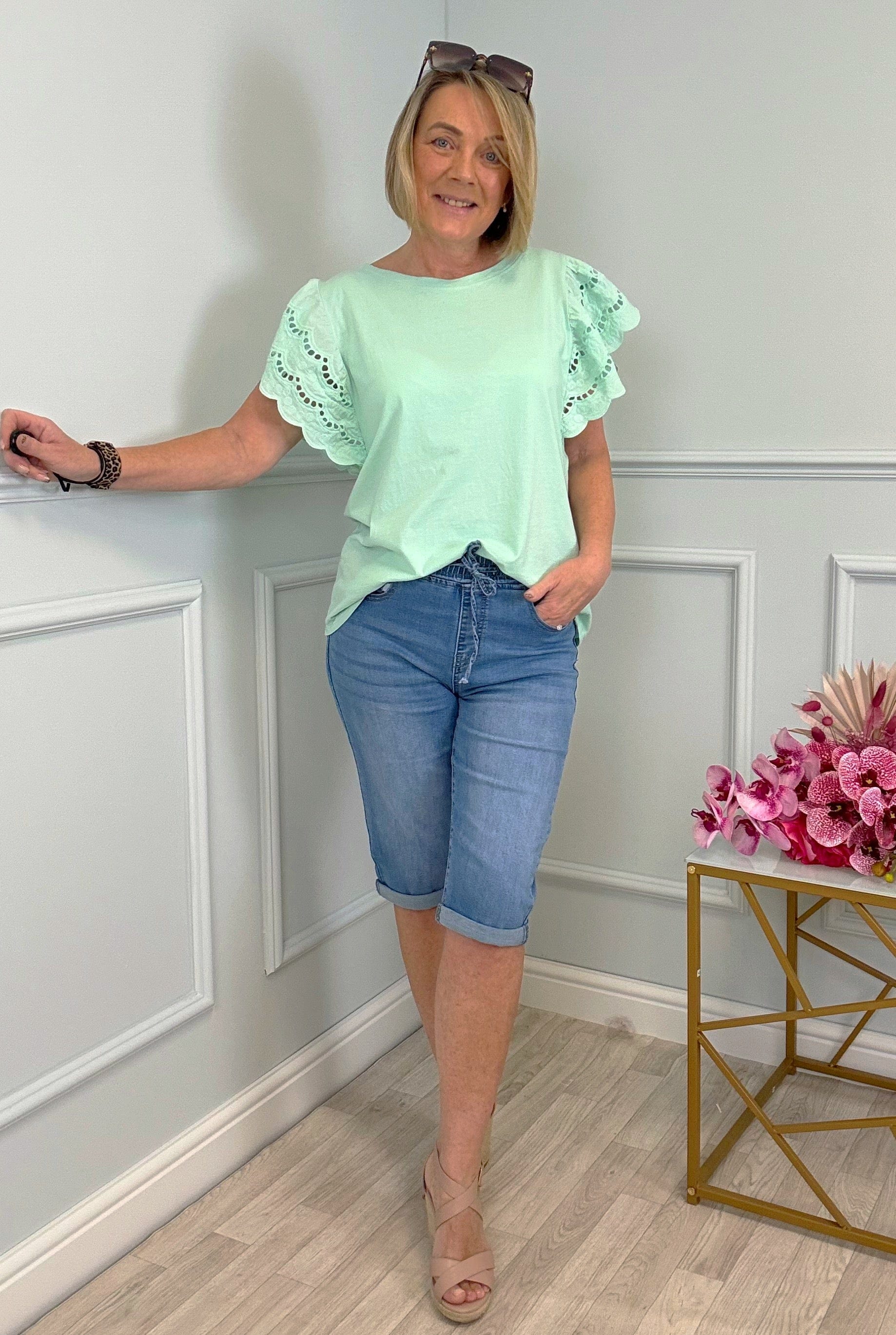 Poppy Broderie Flutter Sleeve Cotton Tee 8-16 Mint Sorbet