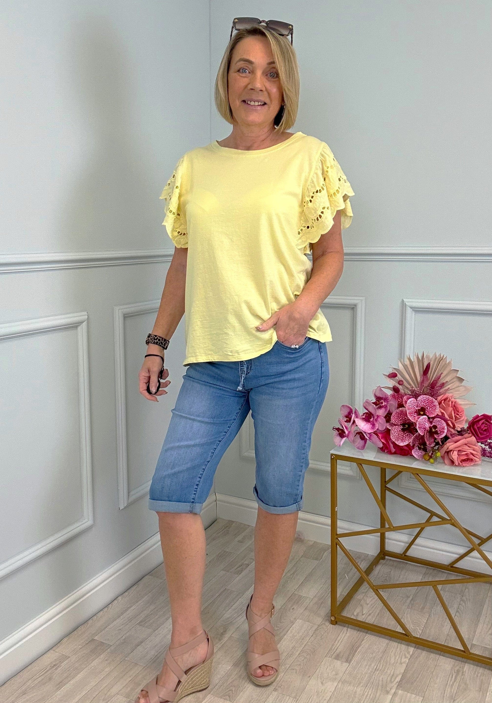 Poppy Broderie Flutter Sleeve Cotton Tee 8-16 Lemon Sorbet