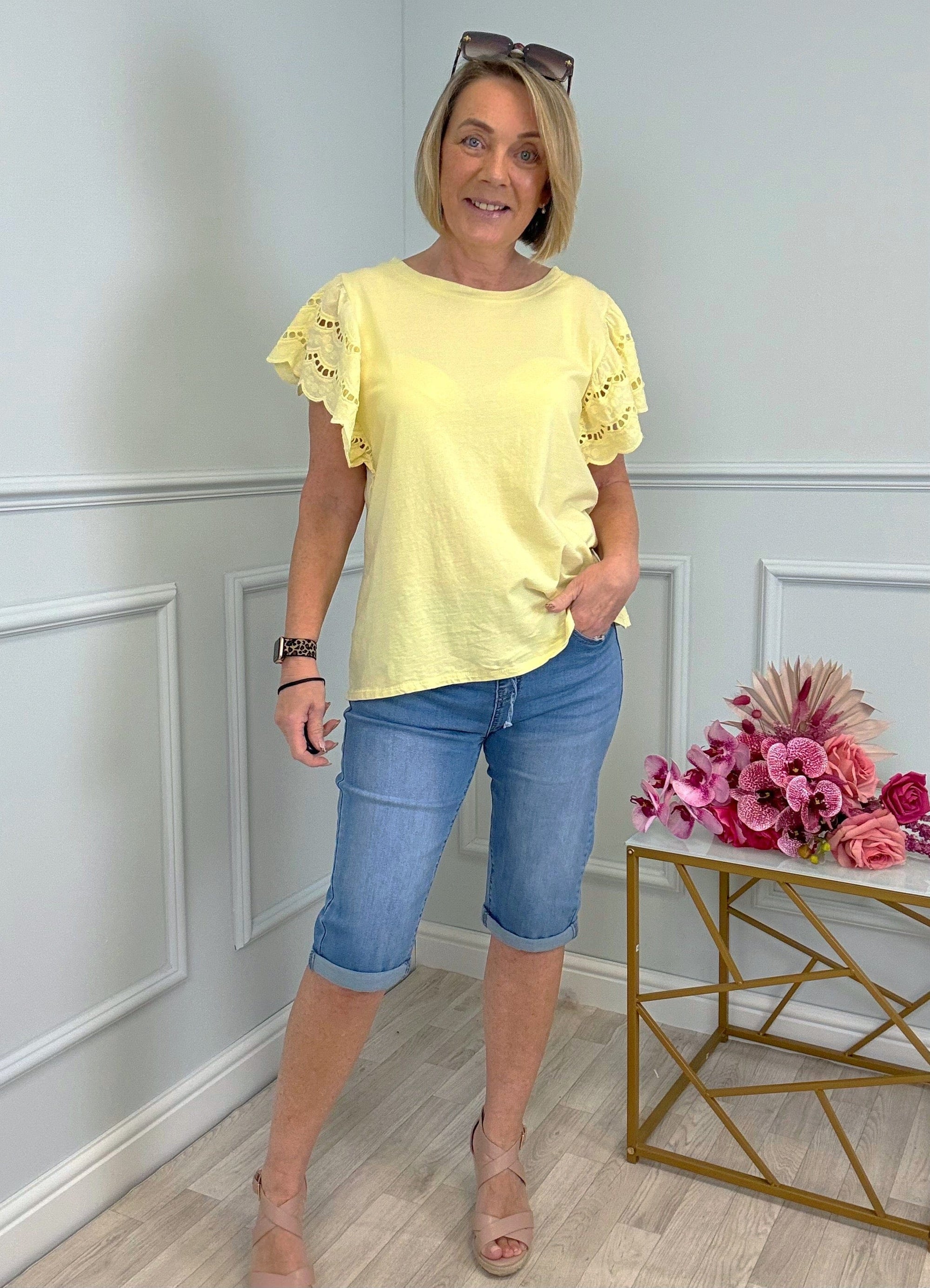 Poppy Broderie Flutter Sleeve Cotton Tee 8-16 Lemon Sorbet