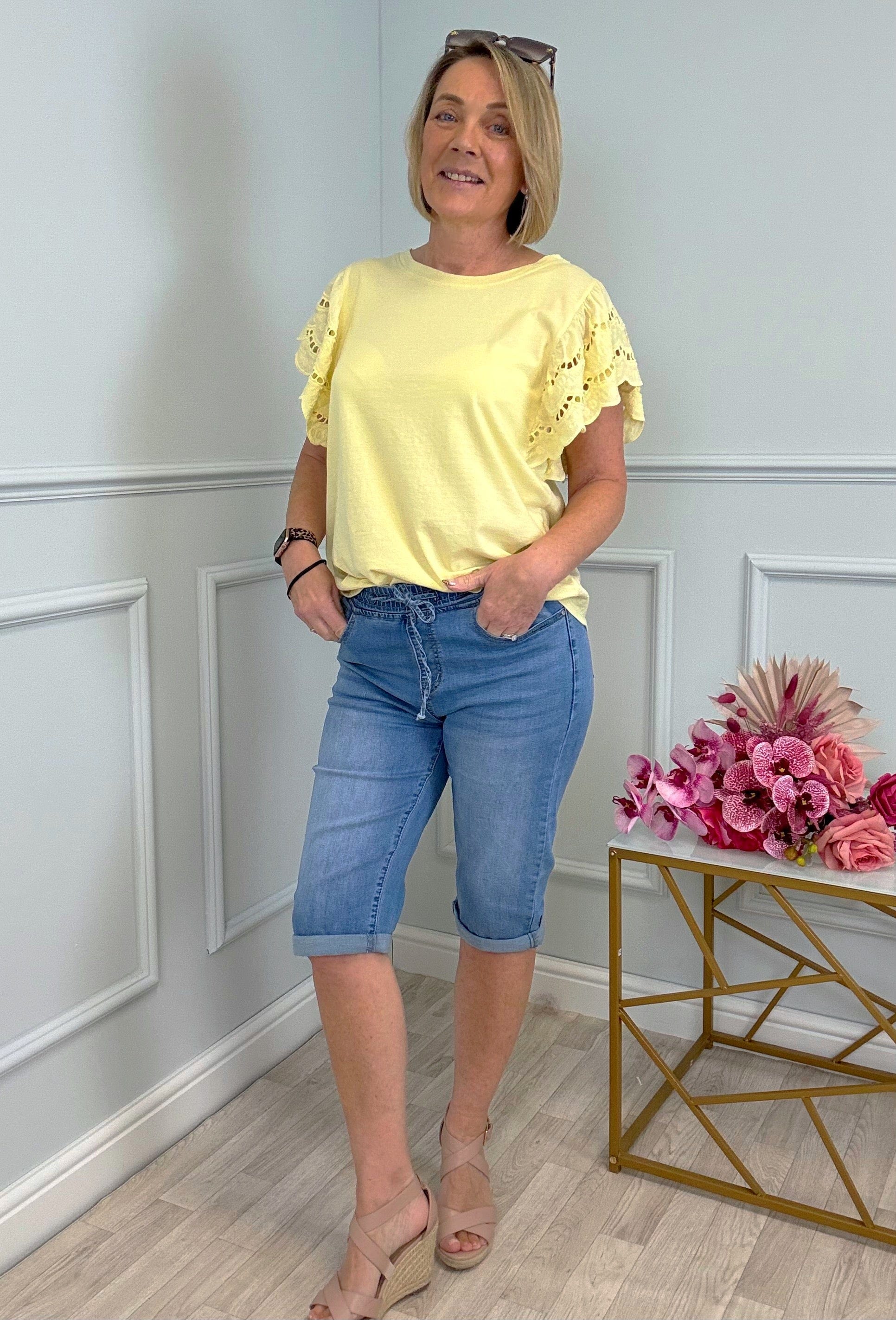 Poppy Broderie Flutter Sleeve Cotton Tee 8-16 Lemon Sorbet