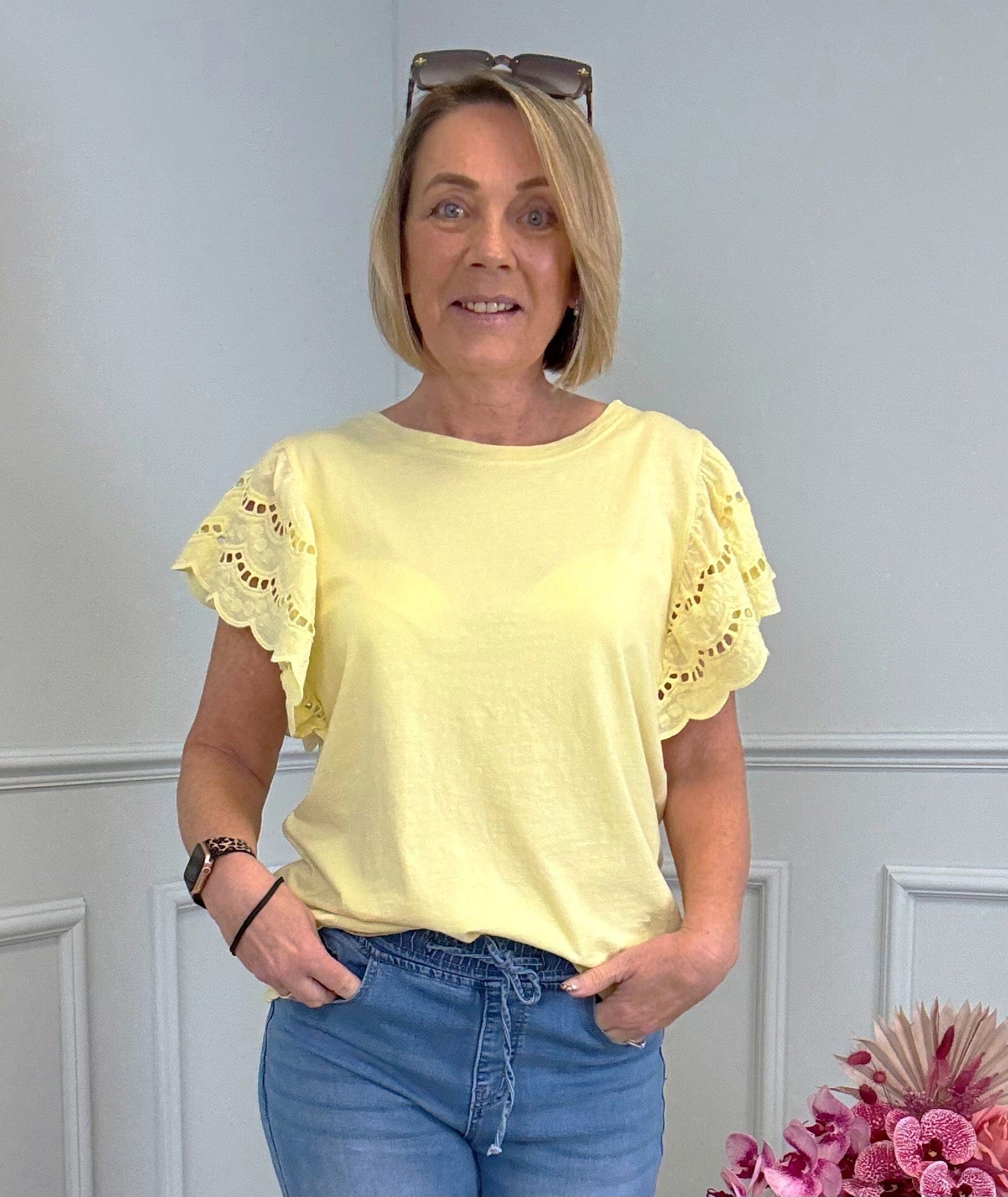 Poppy Broderie Flutter Sleeve Cotton Tee 8-16 Lemon Sorbet