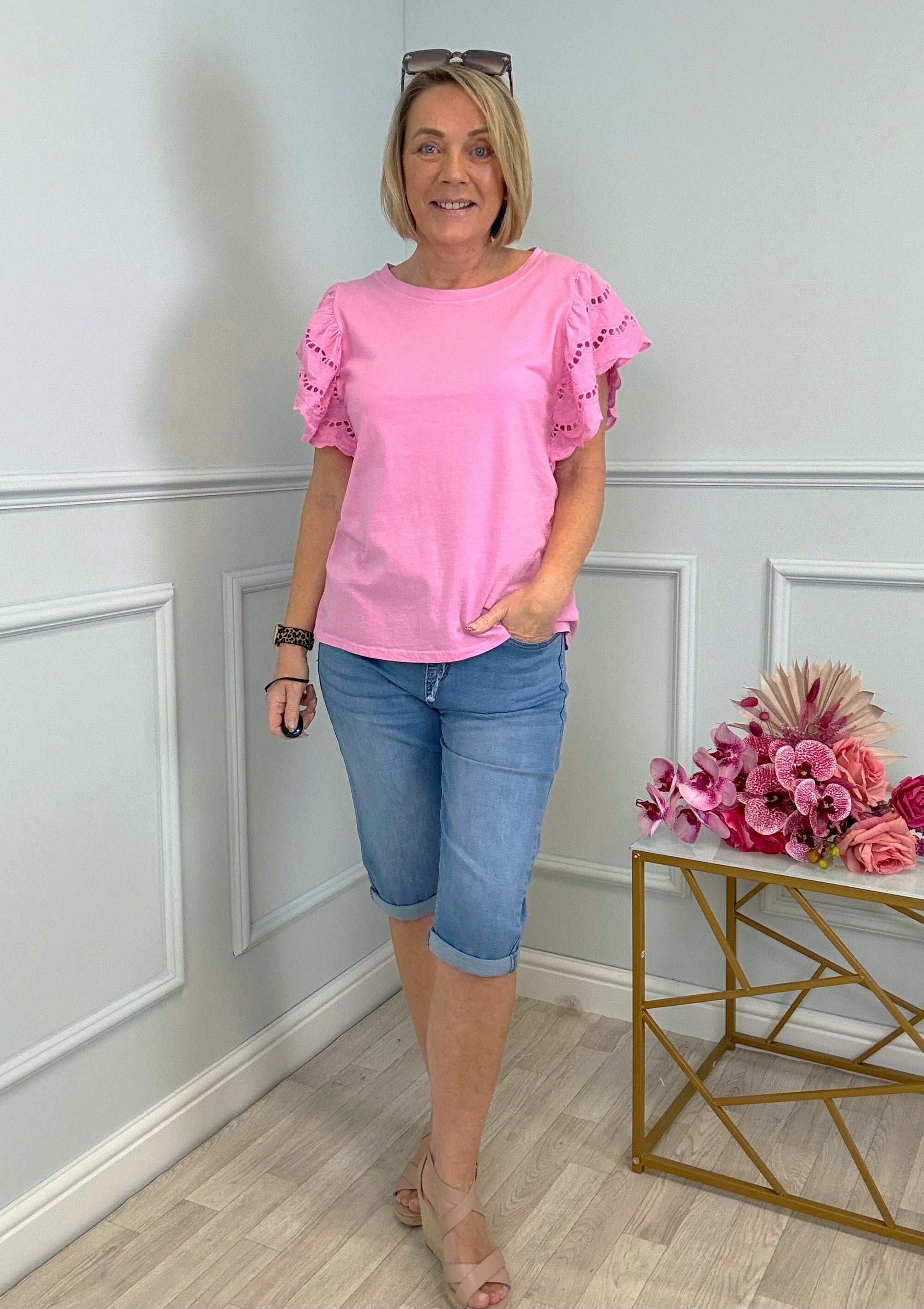Poppy Broderie Flutter Sleeve Cotton Tee 8-16 Pink Sorbet