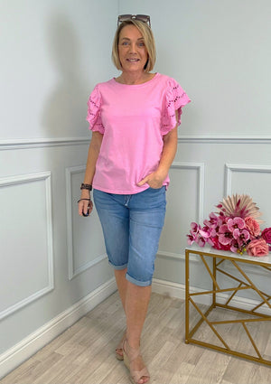 Poppy Broderie Flutter Sleeve Cotton Tee 8-16 Pink Sorbet