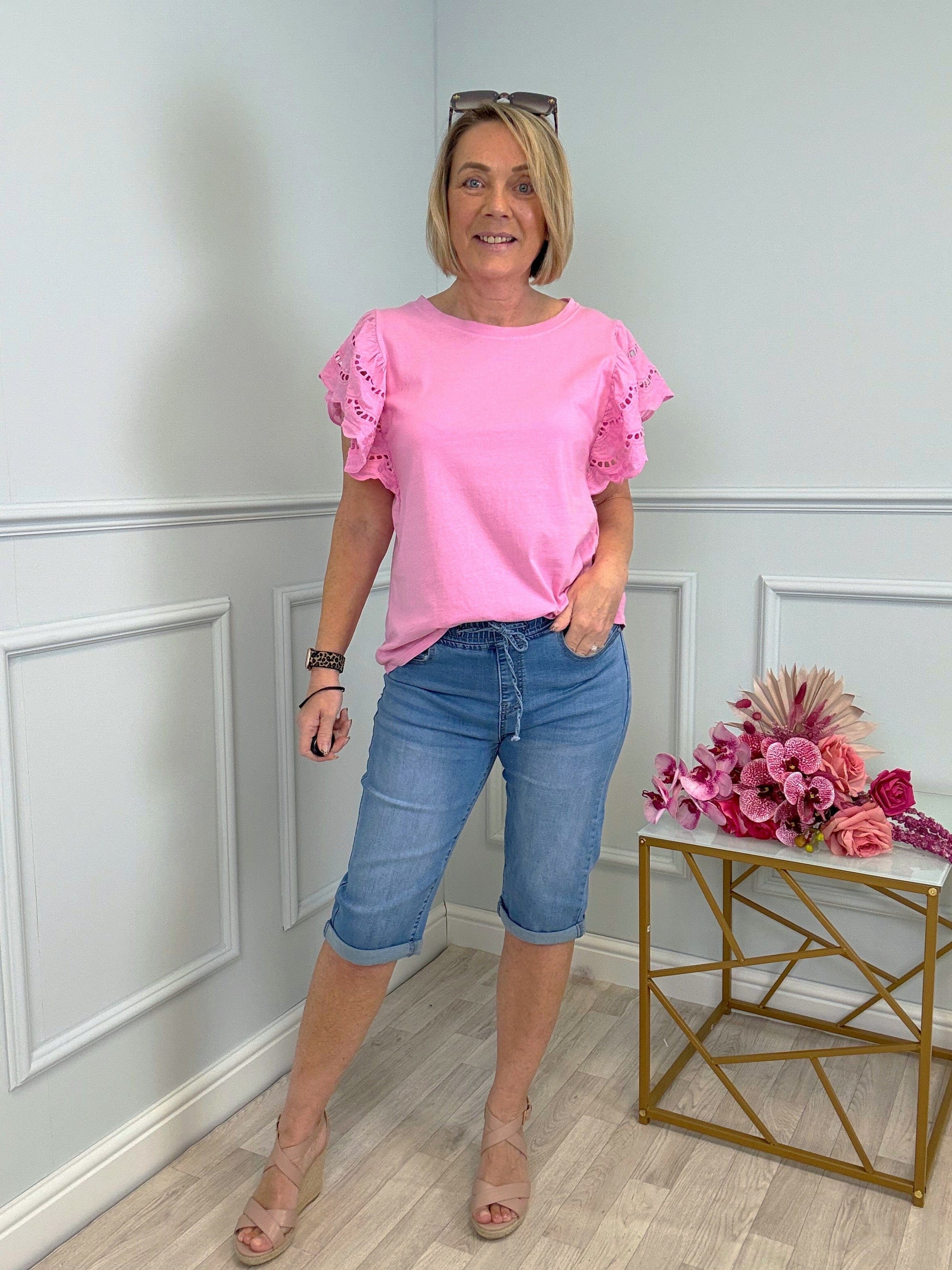 Poppy Broderie Flutter Sleeve Cotton Tee 8-16 Pink Sorbet