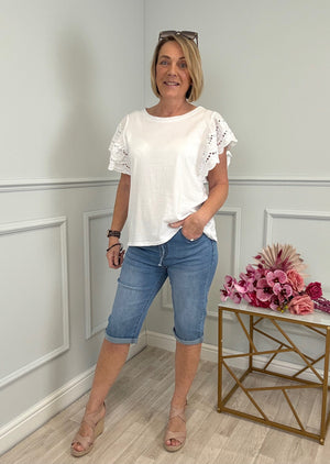 Poppy Broderie Flutter Sleeve Cotton Tee 8-16 Coconut Sorbet