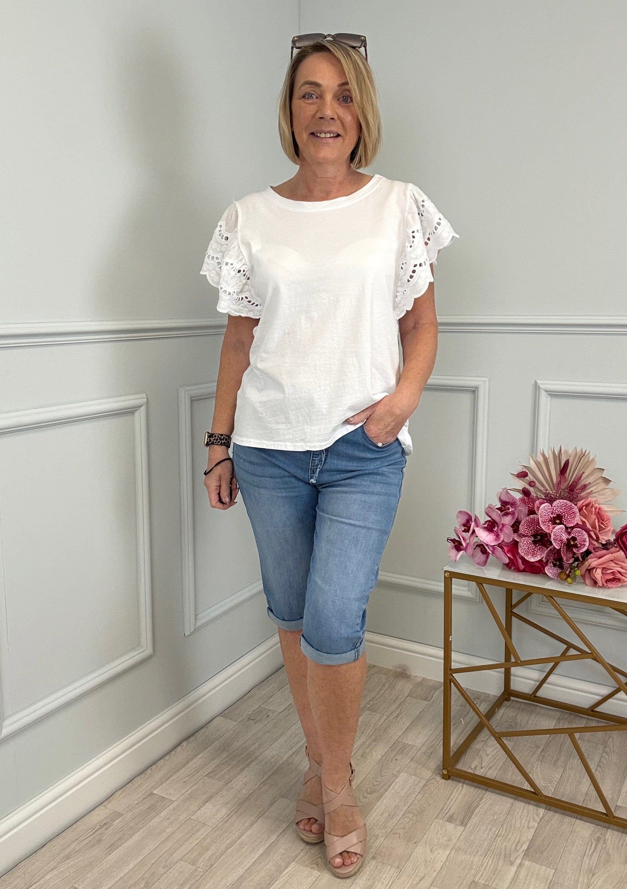 Poppy Broderie Flutter Sleeve Cotton Tee 8-16 Coconut Sorbet