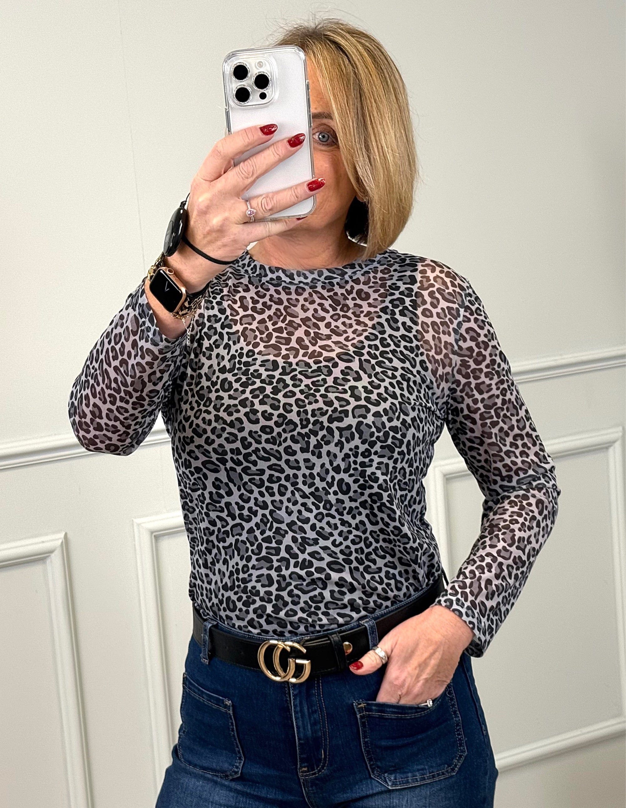 Carissa Leoapard Mesh Top 8-18 Grey - Susie's Boutique