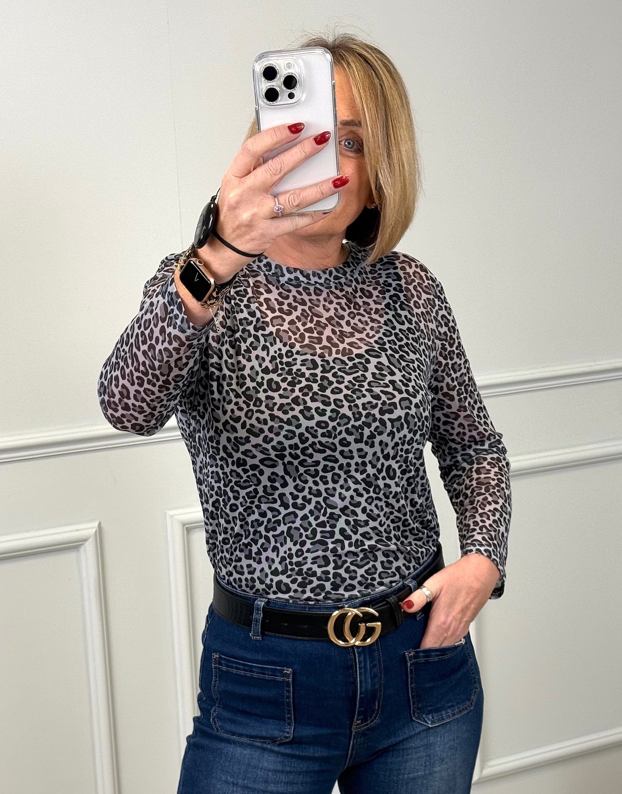 Carissa Leoapard Mesh Top 8-18 Grey - Susie's Boutique