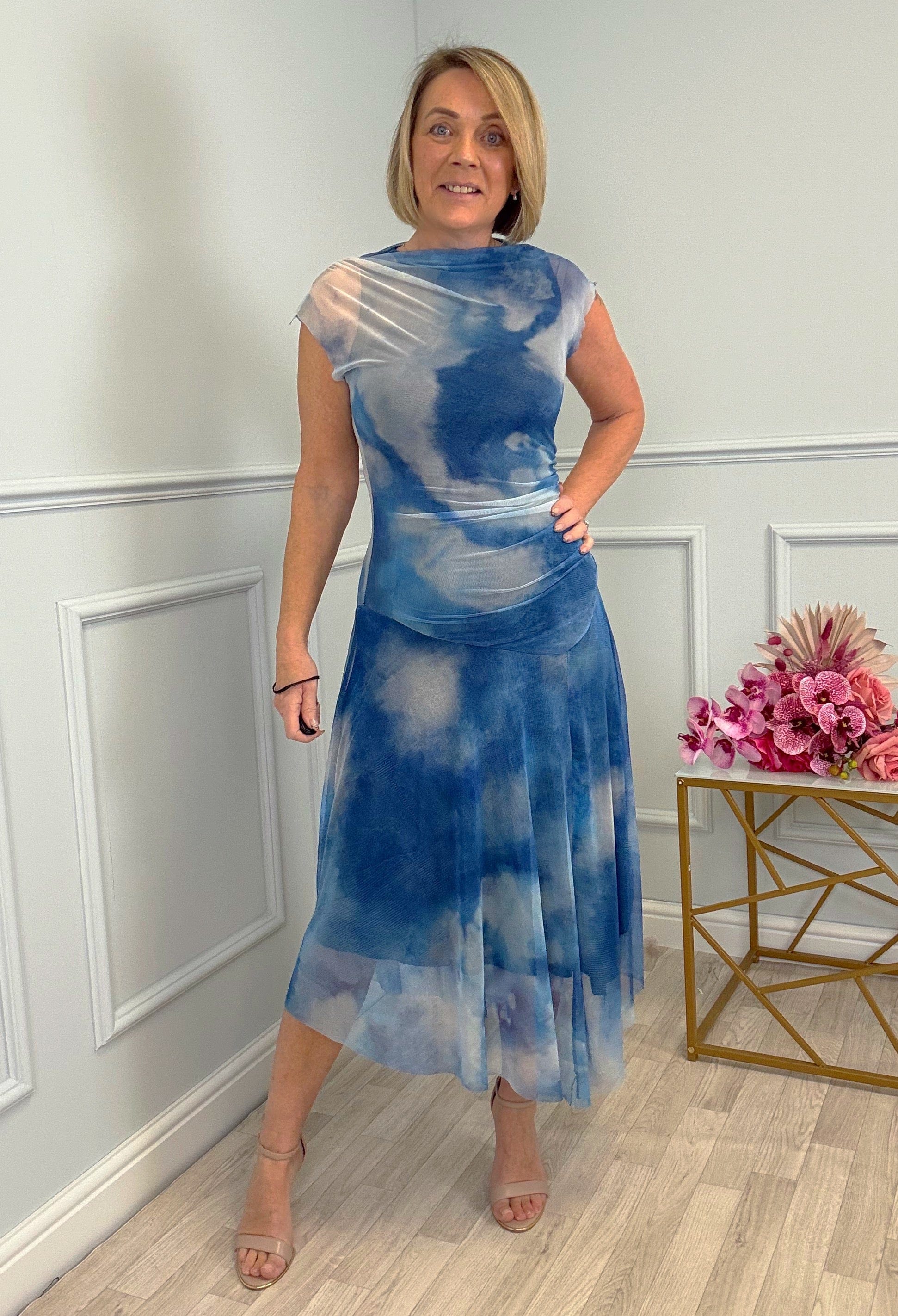 Celeste Cloud Mesh Midi Dress 8–14 Blue Haze
