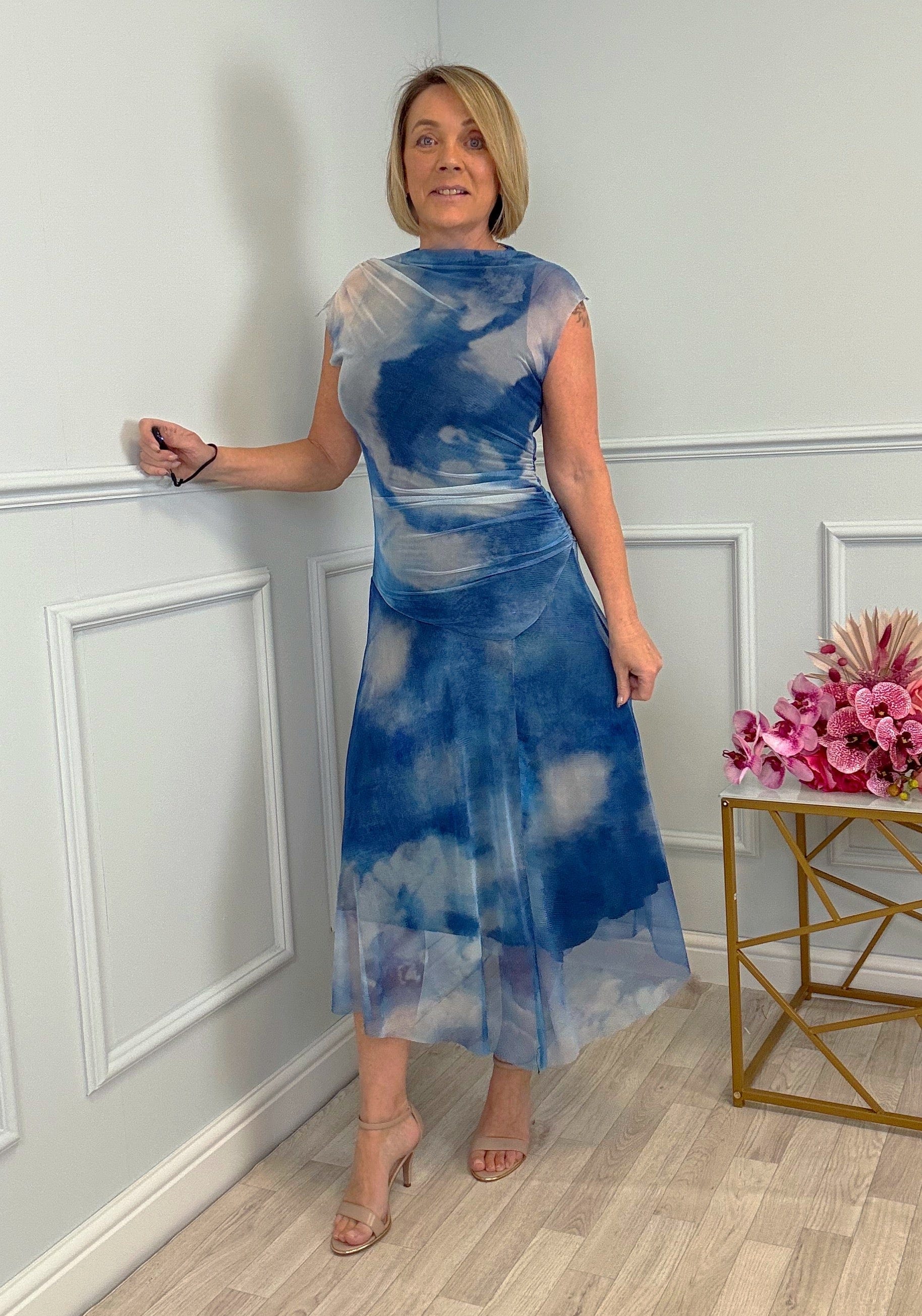 Celeste Cloud Mesh Midi Dress 8–14 Blue Haze